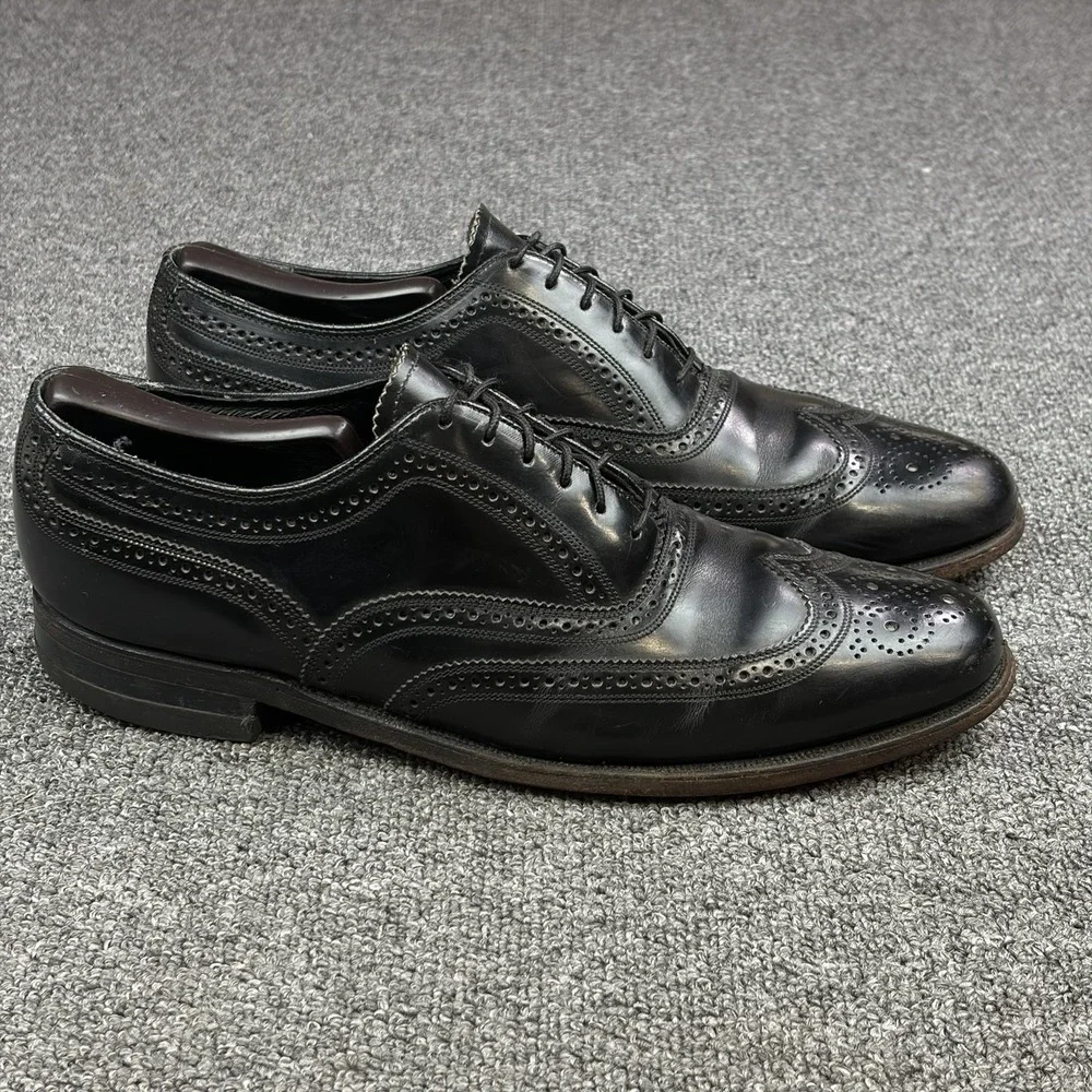 Vintage Florsheim Black Leather Full Brogue Wingtip Oxford Shoe Mens 9.5 C 20330